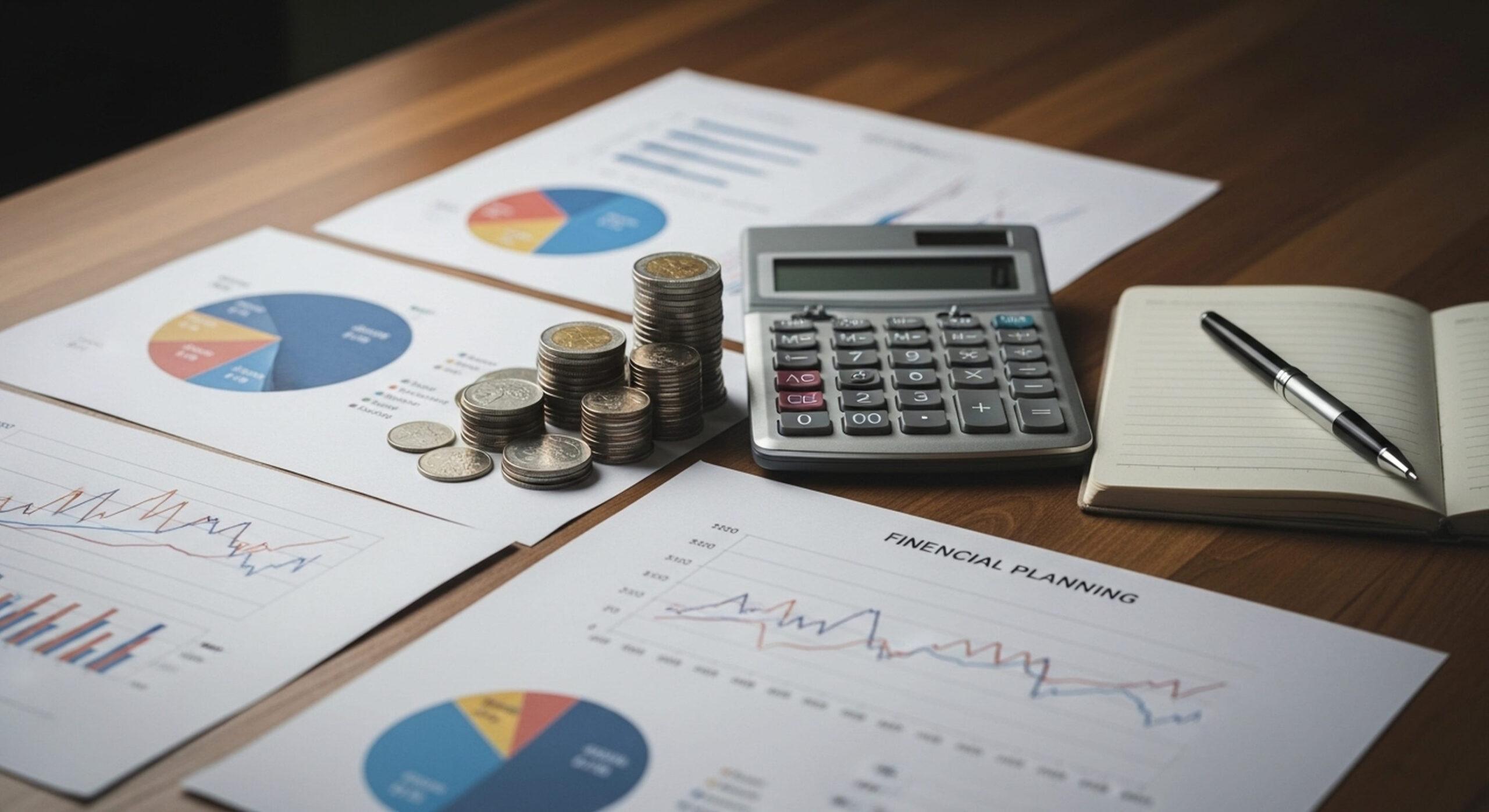 A table with financial charts, stacked coins, a calculator, a pen, and an open notebook, illustrating the process of financial planning and analysis for creating an effective financial plan.