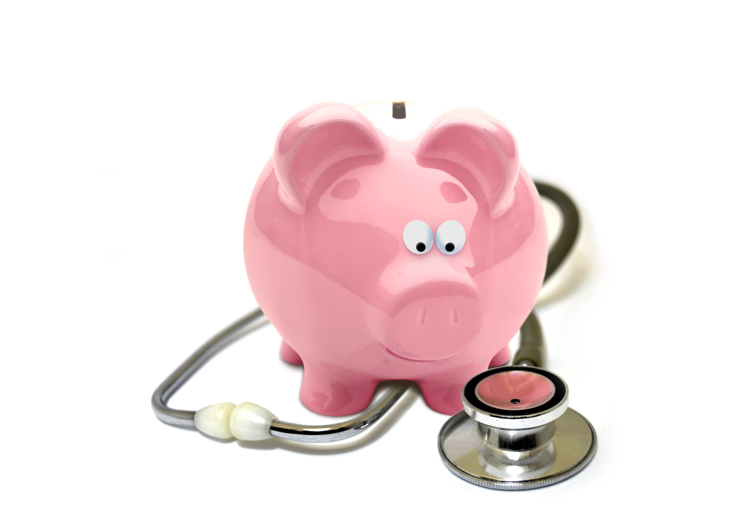 A pink piggy bank with a stethoscope wrapped around it, symbolizing a financial checkup for healthcare savings or medical expenses, on a white background.